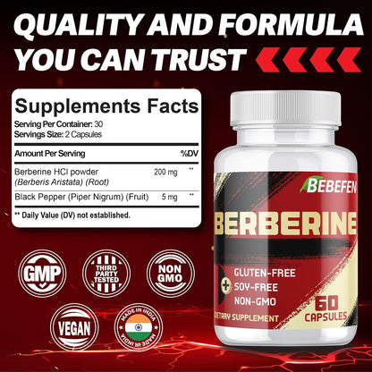 Berberine HCl Supplement - 60 Capsules - Non-GMO, Gluten-free