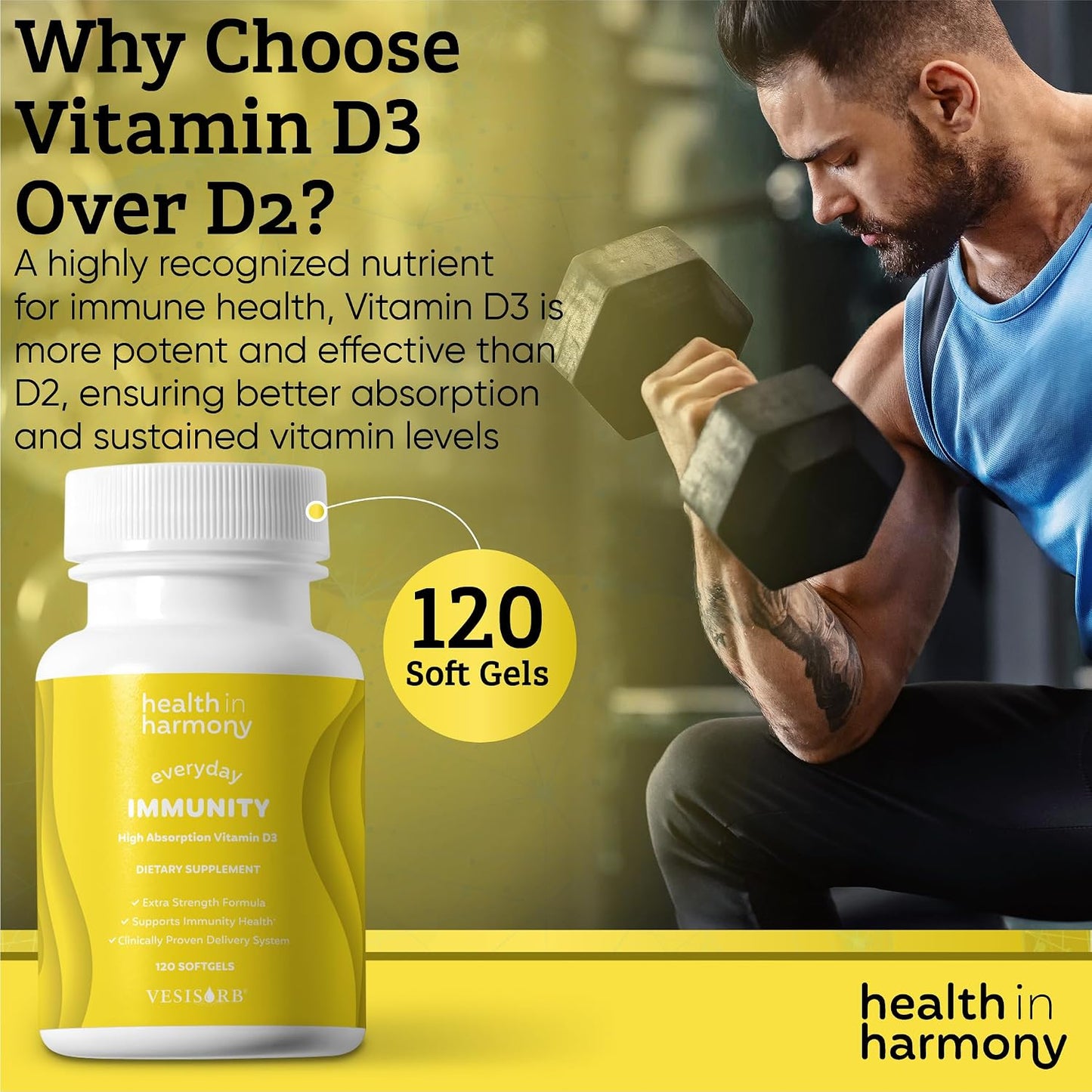 Everyday Immunity 4000 IU Vitamin D3 Supplement - Fast Acting Immune & Bone Support with VESIsorb (60 Softgels, 1-Month Supply) - görsel 2