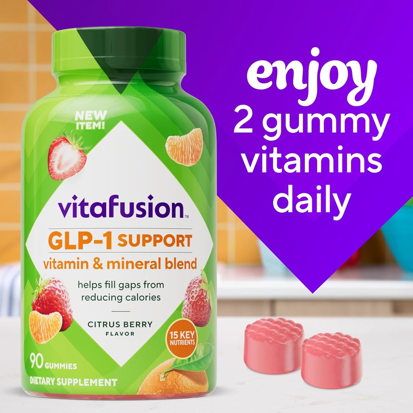 vitafusion GLP-1 Support Multivitamin, Vitamin and Mineral Blend, 15 Essential Nutrients, Citrus Berry Flavour, 90 Count, 45 Day Supply - görsel 7