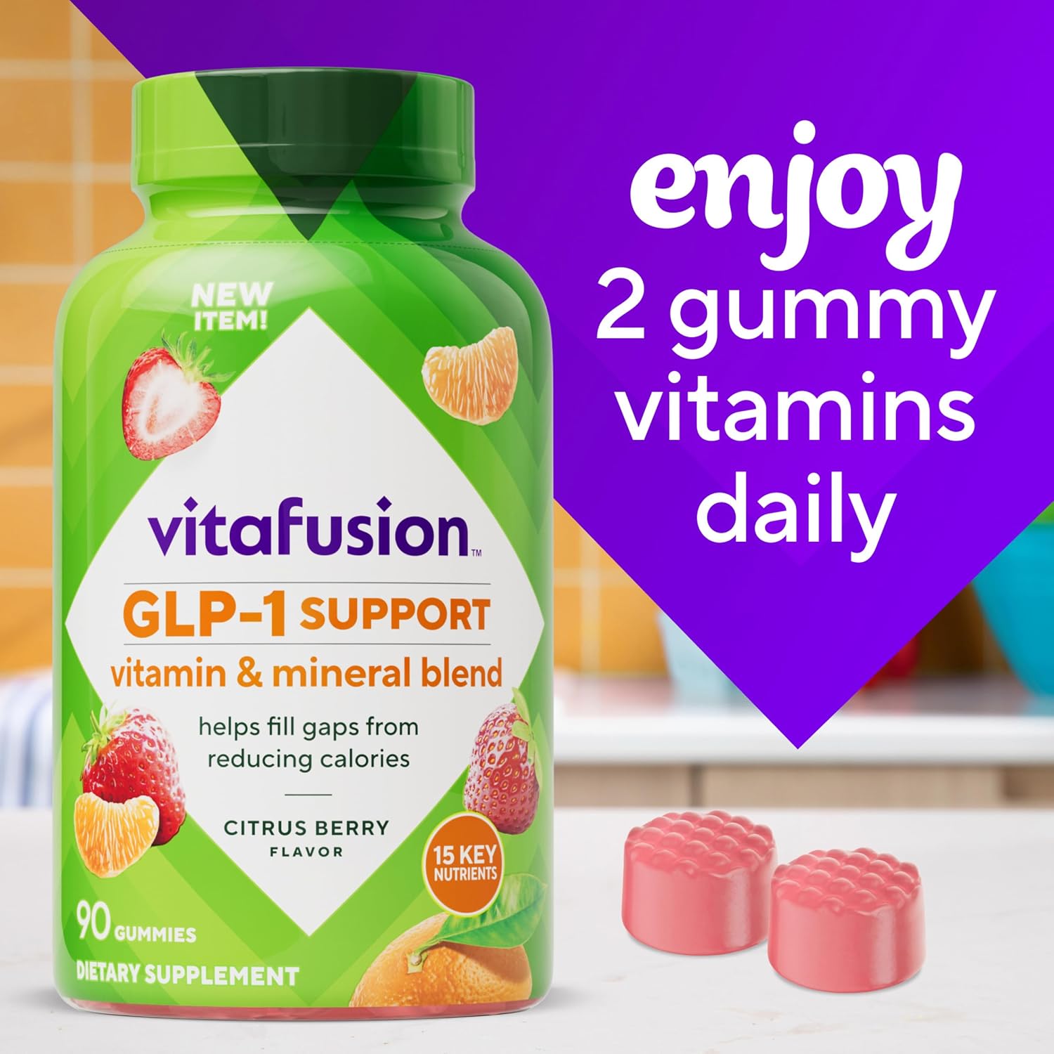 vitafusion GLP-1 Support Multivitamin, Vitamin and Mineral Blend, 15 Essential Nutrients, Citrus Berry Flavour, 90 Count, 45 Day Supply - görsel 7