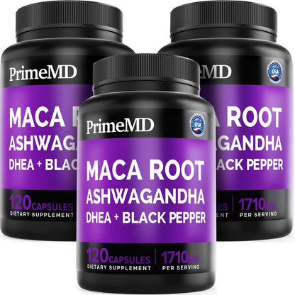 6-in-1 Organic Maca Root & Ashwagandha Capsules with DHEA and Black Pepper – 1710mg, 120 Capsules (Pack of 3)