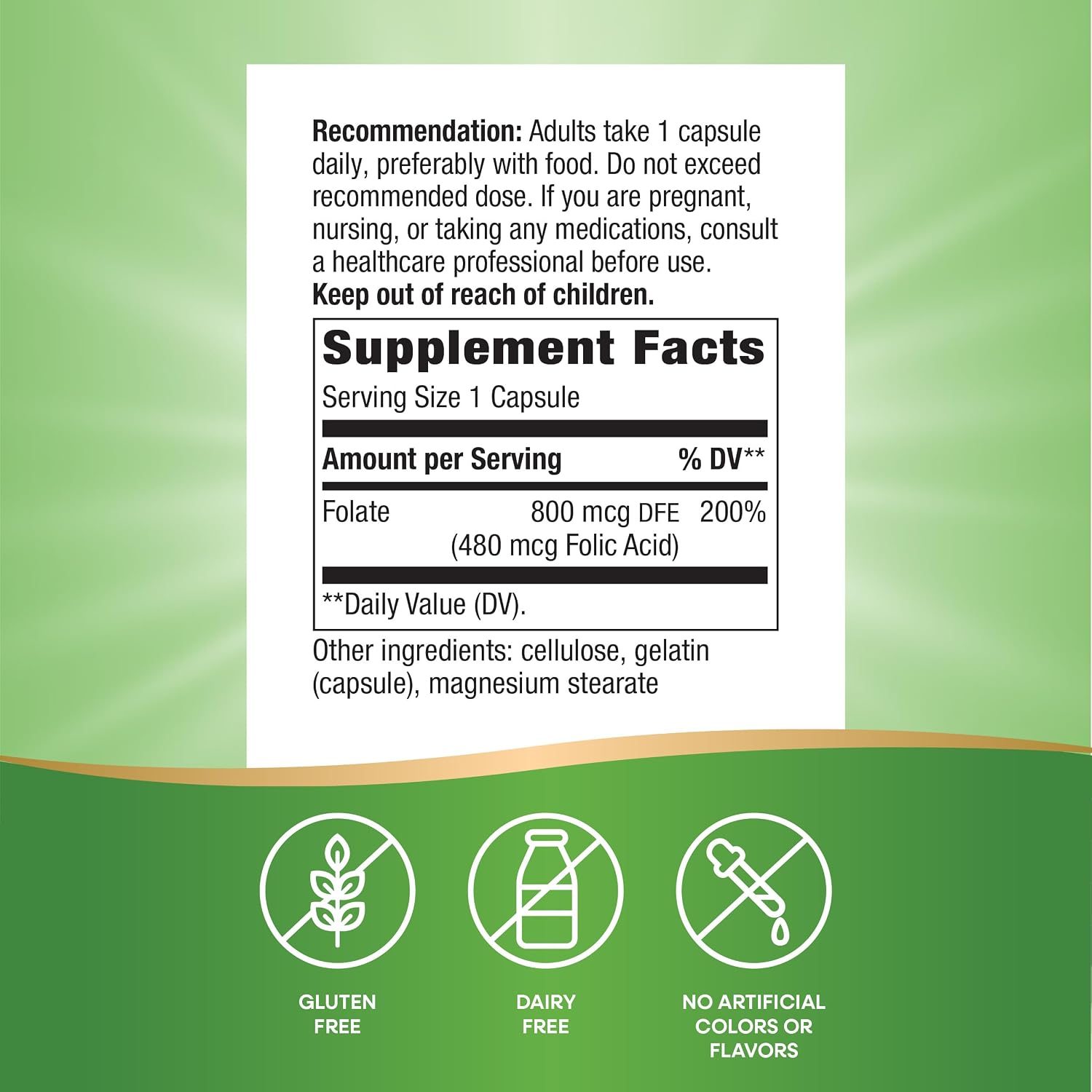 Nature's Way Folic Acid, 800 mcg DFE per serving, 100 Capsules - görsel 5