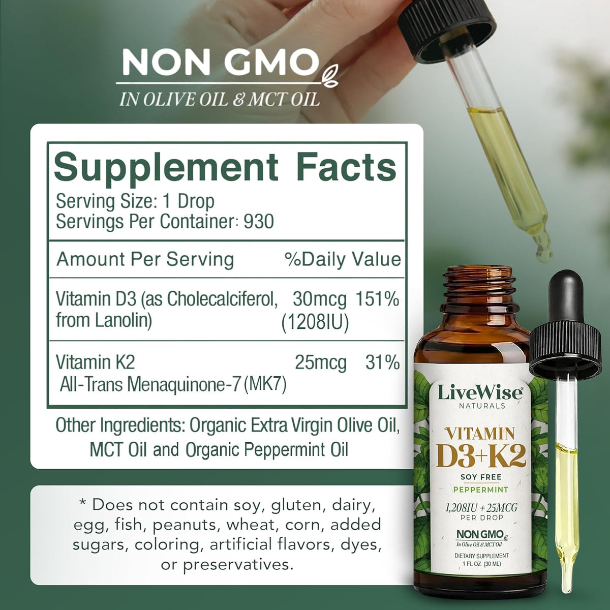 Live Wise Naturals Vitamin D3 K2 (MK-7) Peppermint Drops - 930 Drops, 1208 IU D3, 25 mcg K2 - görsel 3