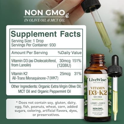Live Wise Naturals Vitamin D3 K2 (MK-7) Peppermint Drops - 930 Drops, 1208 IU D3, 25 mcg K2