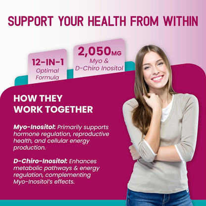 Myo-Inositol + D-Chiro Inositol Supplement – 12-in-1 Formula with Berberine, Cinnamon, Bitter Melon – 180 Capsules – Non-GM, Gluten-free