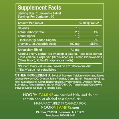 Noor Vitamins Vitamin C 500mg Chewable Tablets with Rose Hips – Orange Flavour, 60 Count