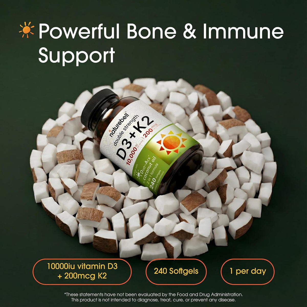 NatureBell Vitamin D3 + K2, Double Strength, 240 Soft gel capsule Capsules - 10,000 IU D3 & 200 mcg K2 (MK-7) - görsel 2