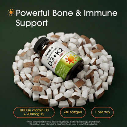 NatureBell Vitamin D3 + K2, Double Strength, 240 Soft gel capsule Capsules - 10,000 IU D3 & 200 mcg K2 (MK-7)