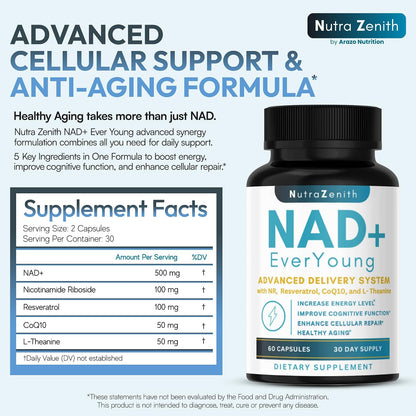 NAD+ Supplement with Nicotinamide Riboside, CoQ10 and Resveratrol – 60 Capsules
