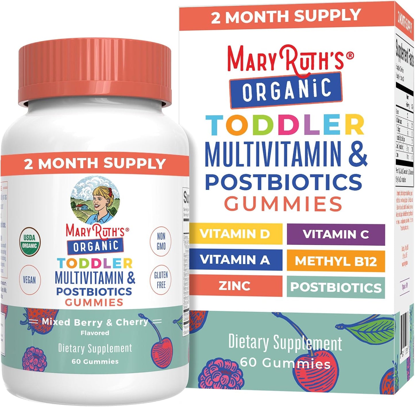 MARYRUTH'S Organics Toddler Multivitamin Gummies + Postbiotics | USDA Organic | Vitamins for Kids Ages 2+ | Immune Support | Vitamin C | Vitamin D3 | Vitamin A | Zinc | Vegan | Non-GM | 60 Servings - görsel 1