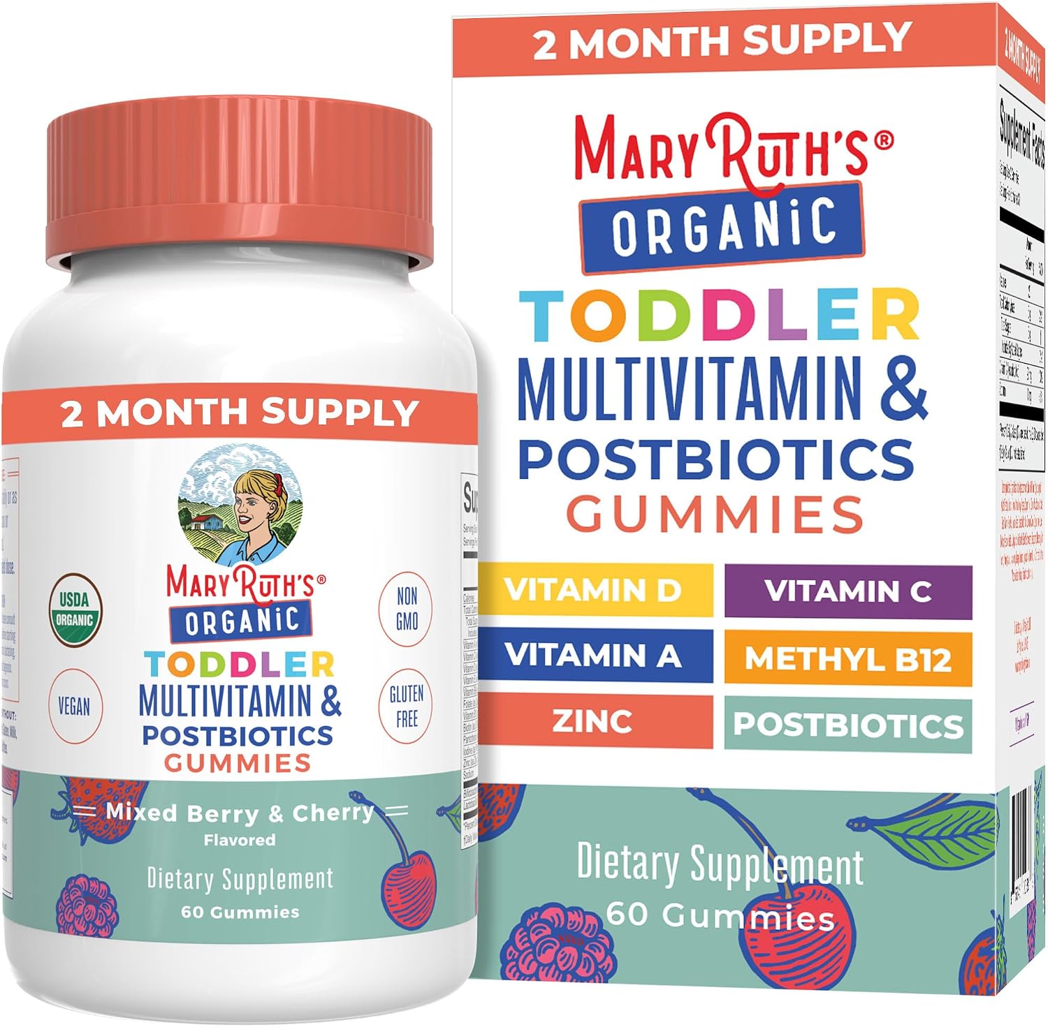 MARYRUTH'S Organics Toddler Multivitamin Gummies + Postbiotics | USDA Organic | Vitamins for Kids Ages 2+ | Immune Support | Vitamin C | Vitamin D3 | Vitamin A | Zinc | Vegan | Non-GM | 60 Servings - görsel 1