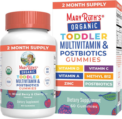 MARYRUTH'S Organics Toddler Multivitamin Gummies + Postbiotics | USDA Organic | Vitamins for Kids Ages 2+ | Immune Support | Vitamin C | Vitamin D3 | Vitamin A | Zinc | Vegan | Non-GM | 60 Servings