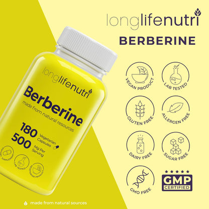Berberine 500mg HCl Extract – from Berberis Aristata Vulgaris, 180 Vegetarian Capsules, Traditional Digestive Supplement for General Wellness, 6-Month Supply, Non-GMO, 1000mg per Serving, GMP Certified, USA-made