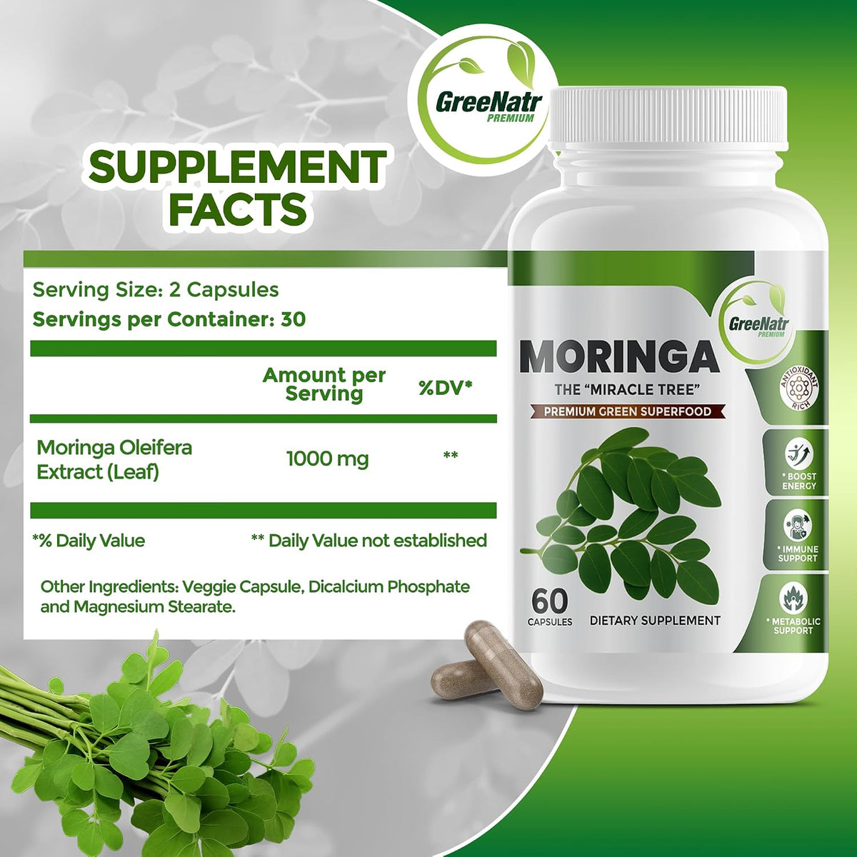Pure Moringa Oleifera Green Superfood Capsules with Vitamin C, Omega 3 & Amino Acids - 60 Capsules - görsel 4