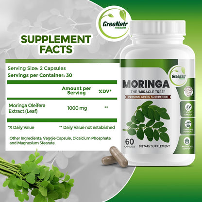 Pure Moringa Oleifera Green Superfood Capsules with Vitamin C, Omega 3 & Amino Acids - 60 Capsules