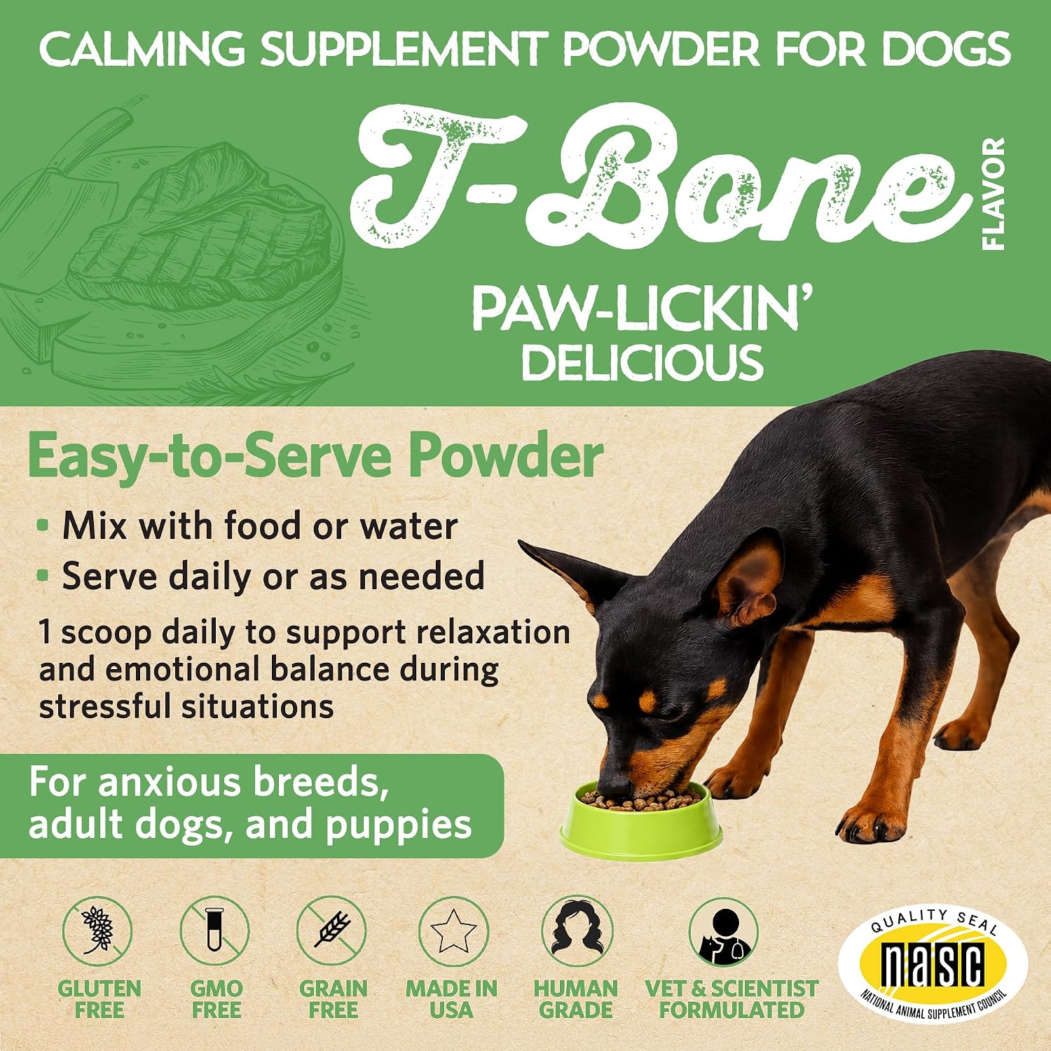 Relaxin’ Rover Calming Supplement for Dogs with Probiotics, Valerian, Chamomile & GABA – T-Bone Flavour (20 Servings) - görsel 3