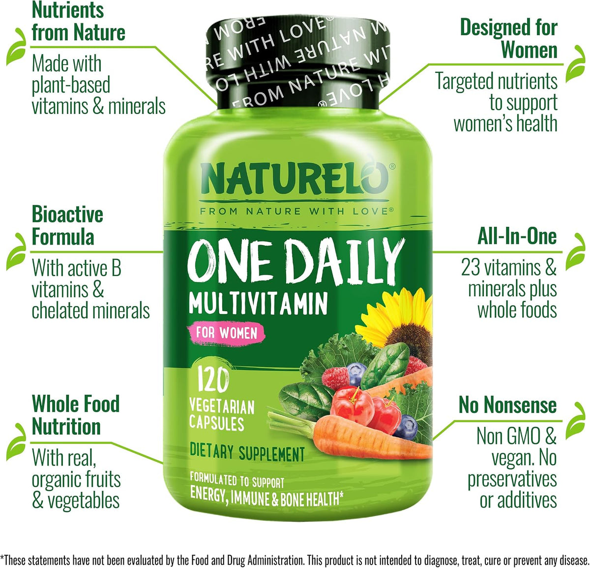 NATURELO One Daily Multivitamin for Women with Vitamin B12, 120 Capsules, Energy Support, Whole Food Daily Women's Multivitamin Supplement, Nourish Hair/Skin/Nails, Non-GMO, No Soya, Gluten-free, 4 Month Supply - görsel 2
