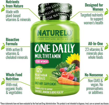 NATURELO One Daily Multivitamin for Women with Vitamin B12, 120 Capsules, Energy Support, Whole Food Daily Women's Multivitamin Supplement, Nourish Hair/Skin/Nails, Non-GMO, No Soya, Gluten-free, 4 Month Supply