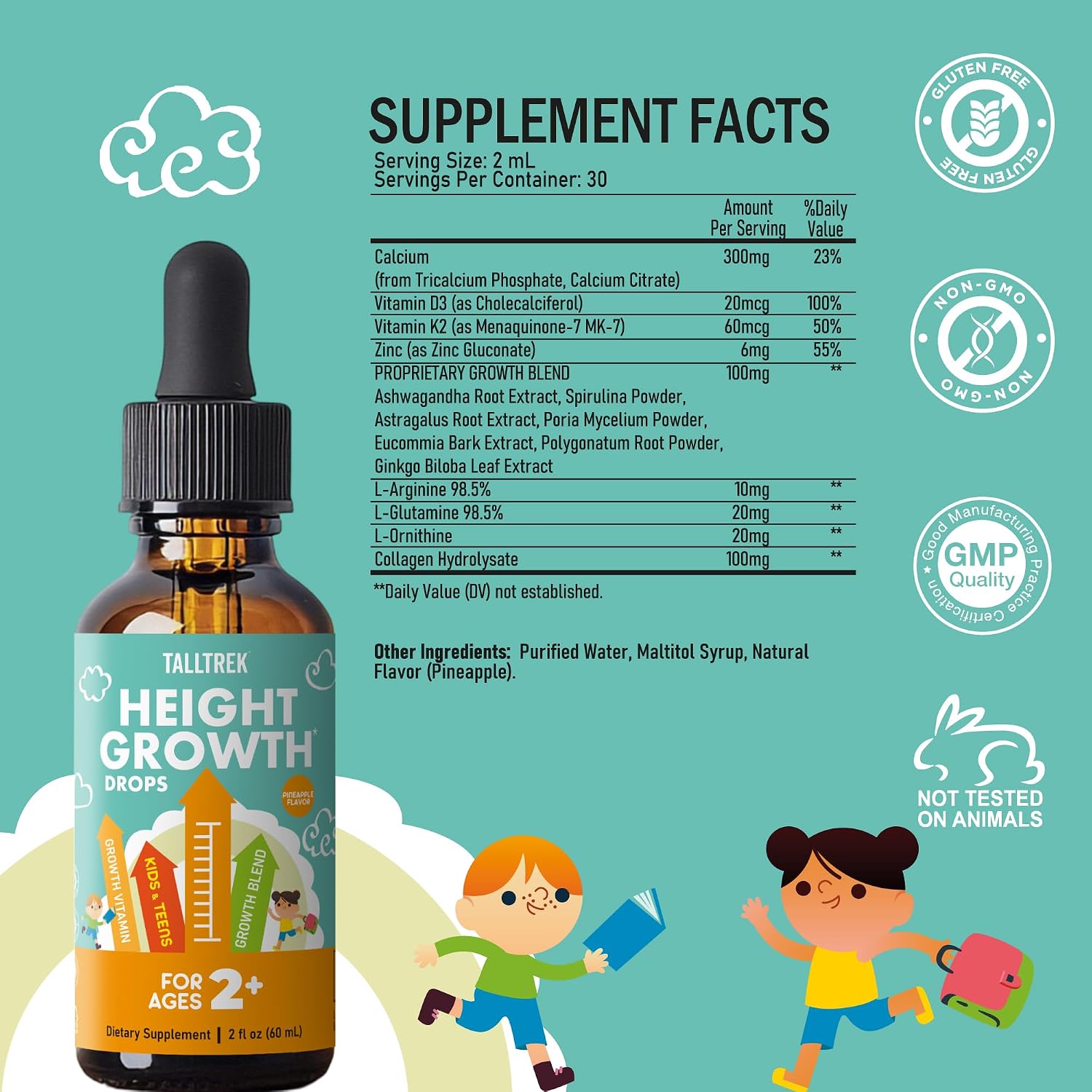 TallTrek Height Growth Supplement Drops for Kids & Teens – Bone Growth & Immune Support with Vitamins D3, K2, Zinc & Calcium – Gluten-free Vegan Pineapple Flavour - görsel 7