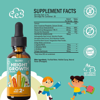 TallTrek Height Growth Supplement Drops for Kids & Teens – Bone Growth & Immune Support with Vitamins D3, K2, Zinc & Calcium – Gluten-free Vegan Pineapple Flavour