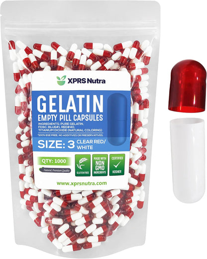XPRS Nutra Size 3 Empty Capsules - 1000 Count Gelatine Capsules for DIY Supplement Filling