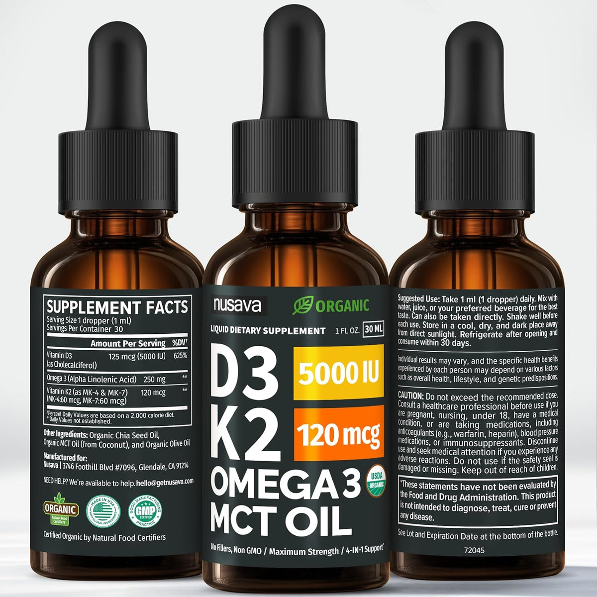 (2 Pack) Organic Vitamin D3 K2 Drops with MCT Oil & Omega-3 - Liquid Vitamin D3 5000 IU - K2 D3 Vitamin Supplement - Vitamin D Drops for Women & Men - No Fillers, Non-GM, GMP, Unflavoured (60 ml) - görsel 7