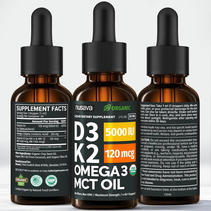 (2 Pack) Organic Vitamin D3 K2 Drops with MCT Oil & Omega-3 - Liquid Vitamin D3 5000 IU - K2 D3 Vitamin Supplement - Vitamin D Drops for Women & Men - No Fillers, Non-GM, GMP, Unflavoured (60 ml)