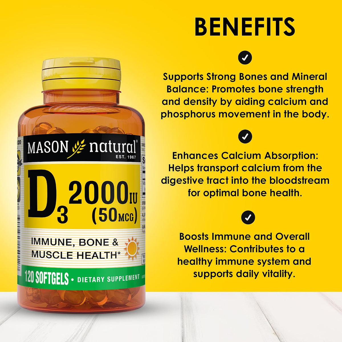 MASON NATURAL Vitamin D3 2,000 IU High Strength, 120 Softgels - görsel 2