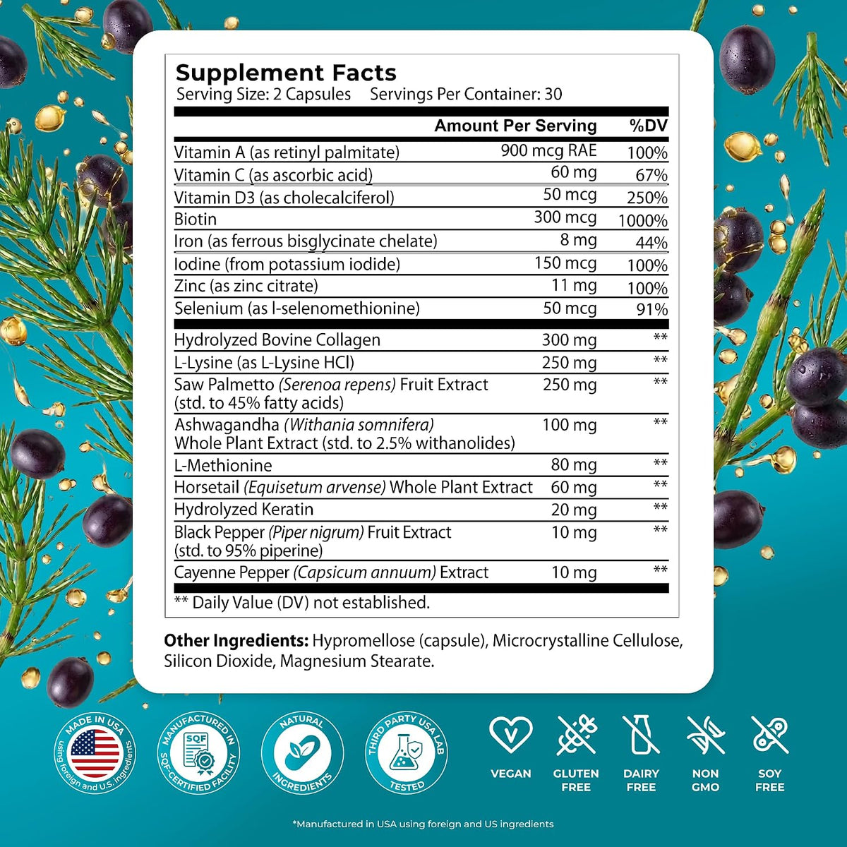 PUREHEALTH RESEARCH ReGrow – Hair Support Vitamins for Scalp and Thickness – with Saw Palmetto, Biotin, Hydrolysed Collagen & Keratin – 60 Capsules - görsel 2