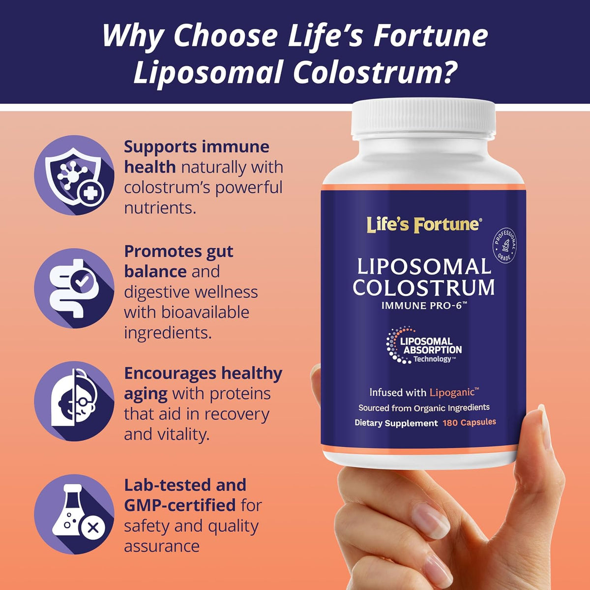 Life's Fortune Liposomal Bovine Colostrum Capsules – Immune Support, Gut Health, Muscle Wellness – 180 Capsules, 1500 mg - görsel 2