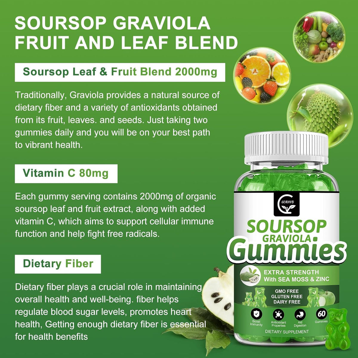 Organic Soursop Graviola Gummies – 2200mg Extra Strength with Sea Moss, Zinc & Vitamin C – 60 Gummies - görsel 3