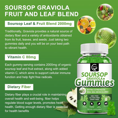 Organic Soursop Graviola Gummies – 2200mg Extra Strength with Sea Moss, Zinc & Vitamin C – 60 Gummies