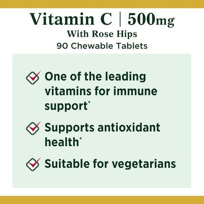Nature's Bounty Vitamin C 500 mg with Rose Hips Chewable Tablets, Orange Flavour, 90 Count (Pack of 2)