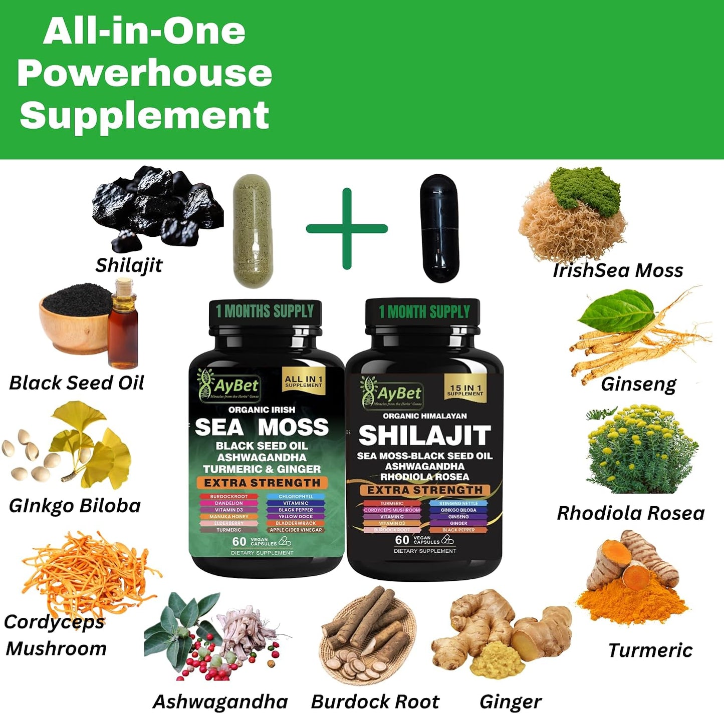 Sea Moss & Himalayan Shilajit Supplement Combo – Herbal Formula with Black Seed Oil, Ashwagandha, Rhodiola, Turmeric, Ginger – Mineral & Antioxidant Support – Organic, Halal, Vegan Capsules (120 Count) - görsel 2