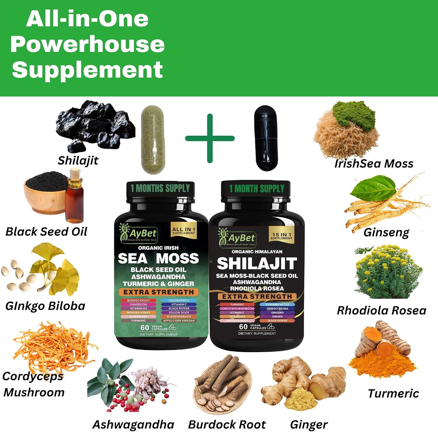 Sea Moss & Himalayan Shilajit Supplement Combo – Herbal Formula with Black Seed Oil, Ashwagandha, Rhodiola, Turmeric, Ginger – Mineral & Antioxidant Support – Organic, Halal, Vegan Capsules (120 Count) - görsel 2