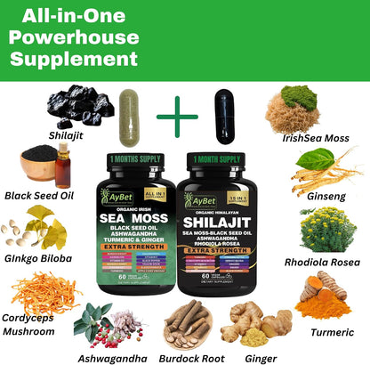 Sea Moss & Himalayan Shilajit Supplement Combo – Herbal Formula with Black Seed Oil, Ashwagandha, Rhodiola, Turmeric, Ginger – Mineral & Antioxidant Support – Organic, Halal, Vegan Capsules (120 Count)