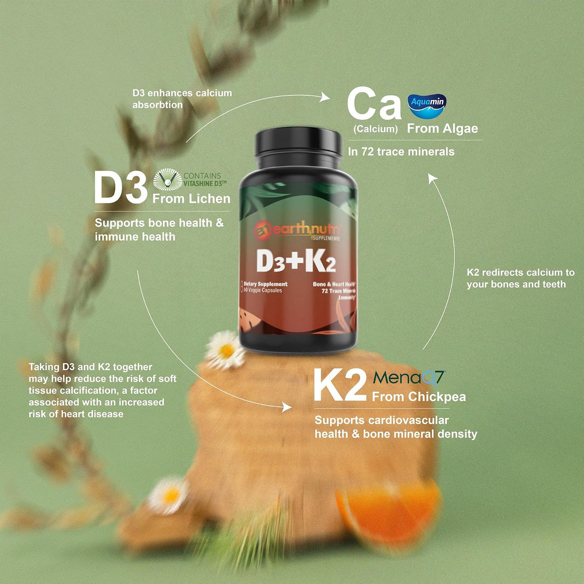 EarthNutri Vitamin D3 Plus K2 Supplement - 5000 IU with MenaQ7 K2, Vitashine D3 & Aquamin Calcium - Non-GMO - görsel 2