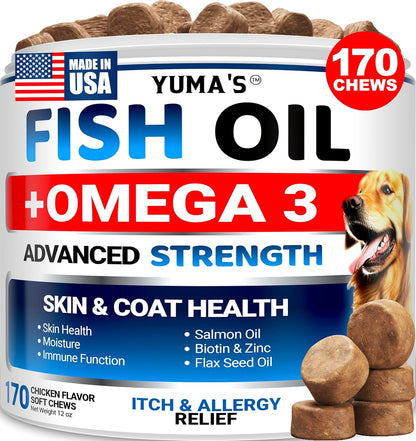 Omega 3 Fish Oil for Dogs - 170 Chews - Skin and Coat Supplement - Omega 3 for Dogs - Dry & Itchy Skin Relief Treatment - Allergy Support Dog Anti Shedding Treats - Salmon - EPA & DHA - Chicken Flavour