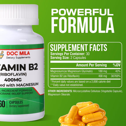 Doc Mila Vitamin B2 Riboflavin 400mg Capsules – Vegan Supplement for Energy Metabolism & Nervous System Support – 60 Capsules