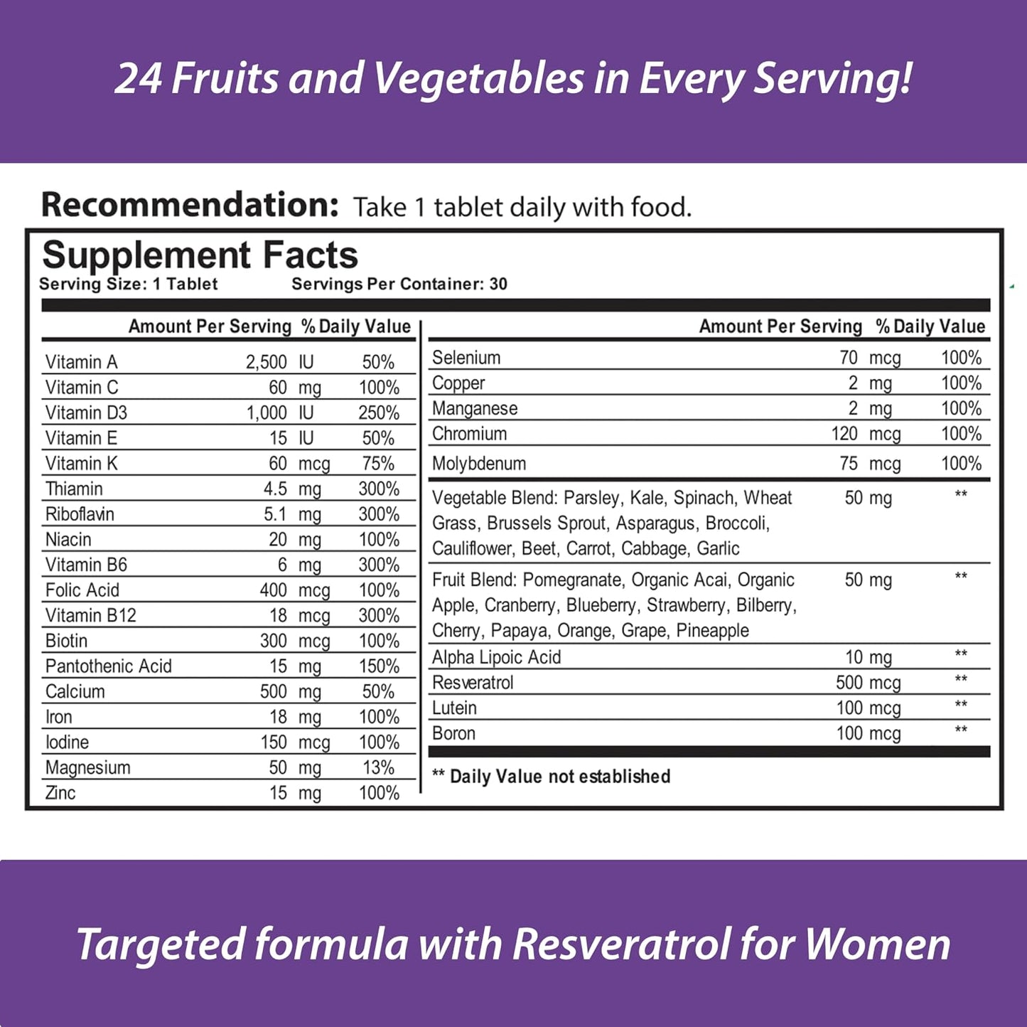 Reload! for Women - All-Natural Multivitamin with 24 Fruits and Vegetables and Biotin for Hair, Skin and Nails (30 Tablets) - görsel 2