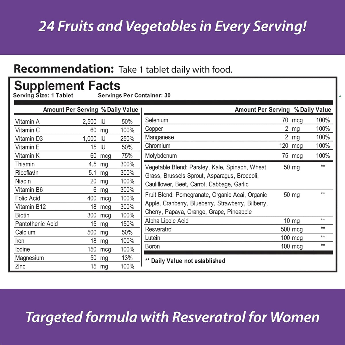 Reload! for Women - All-Natural Multivitamin with 24 Fruits and Vegetables and Biotin for Hair, Skin and Nails (30 Tablets) - görsel 2