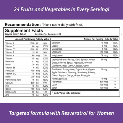 Reload! for Women - All-Natural Multivitamin with 24 Fruits and Vegetables and Biotin for Hair, Skin and Nails (30 Tablets)