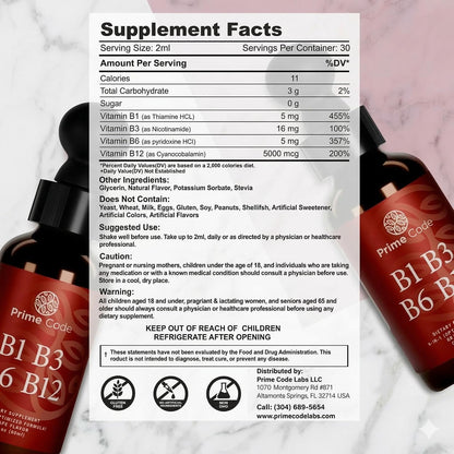 Prime Code Liquid B-Complex Drops with Vitamins B1, B3, B6, B12