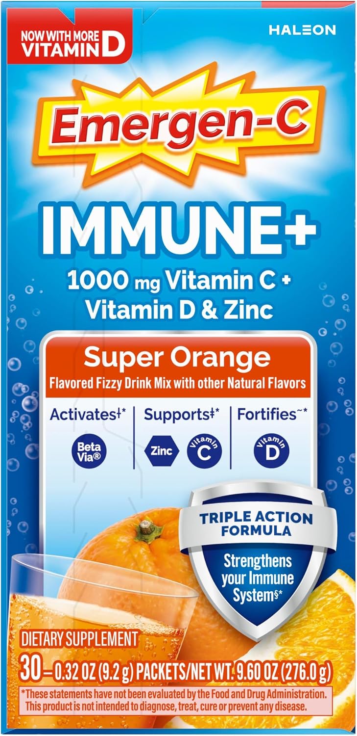 Emergen-C Immune+ Triple Action Immune Support Powder, BetaVia®, 1000mg Vitamin C, B Vitamins, Vitamin D and Antioxidants, Super Orange – 30 Count - görsel 10