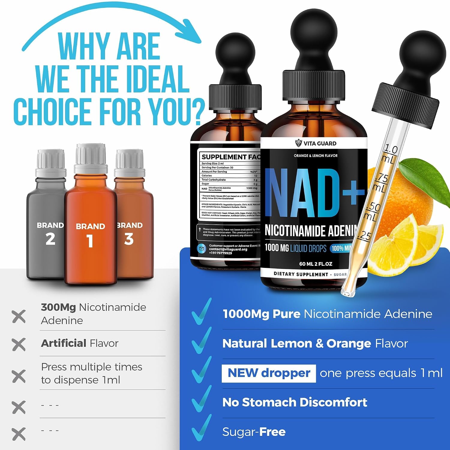 Vita Guard Pure NAD+ Liquid Drops 1000mg - NAD+ Precursor Supplement with Natural Citrus Flavour - görsel 7