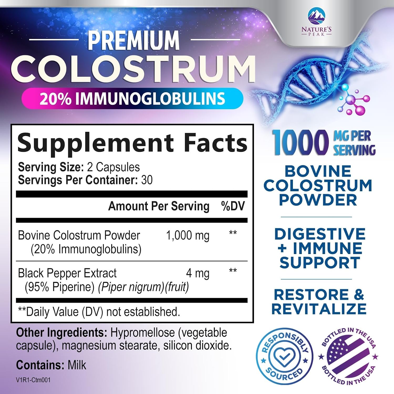 Bovine Colostrum Food Supplement 1000mg – with 20% Immunoglobulins (IgG) – 60 Capsules - görsel 2