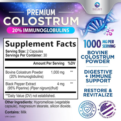 Bovine Colostrum Food Supplement 1000mg – with 20% Immunoglobulins (IgG) – 60 Capsules