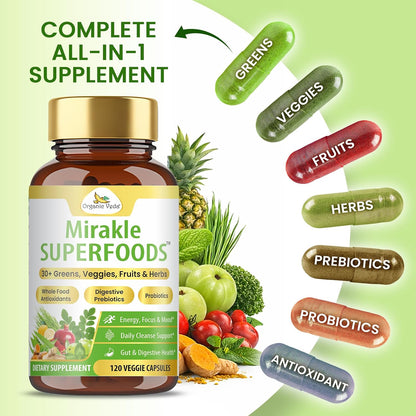 Organic Veda Mirakle Superfoods - Mixed Greens, Vegetables, Super Fruits & Antioxidants Food Supplement with Probiotics, 120 Capsules