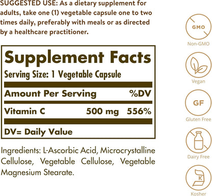 Solgar Vitamin C 500 mg, 250 Vegetable Capsules - Immune and Antioxidant Support