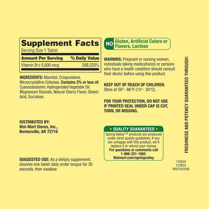 Spring Valley B12 5000 µg, 300 Quick-Dissolve Tablets - Metabolism Support